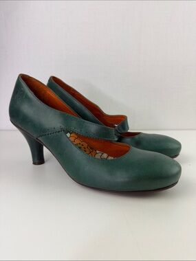 Fly London Dark Green Leather Mary Jane Heels